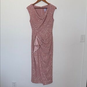 JS Collections Blush Sequin Midi Dress Faux Wrap Ruched Wedding Guest 6 NWT